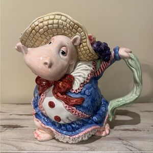 Charming Hippo Pitcher Fitz & Floyd Hand Painted Ceramic 1.75 Quart Hippopotamus